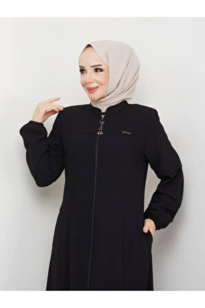 Siyah Hakim Yaka Fermuarlı Büyük Beden Şık Tasarım Spor Ferace Mf-4002