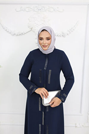 Lacivert Taş Işlemeli Fermuarlı Büyük Beden Kadın Ferace - Ahsen Ferace