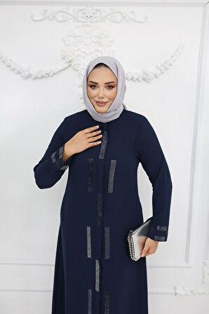 Lacivert Taş Işlemeli Fermuarlı Büyük Beden Kadın Ferace - Ahsen Ferace