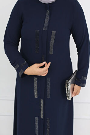 Lacivert Taş Işlemeli Fermuarlı Büyük Beden Kadın Ferace - Ahsen Ferace