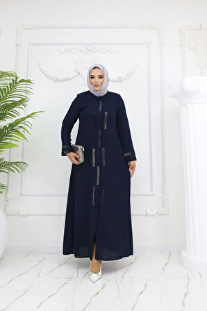 Lacivert Taş Işlemeli Fermuarlı Büyük Beden Kadın Ferace - Ahsen Ferace