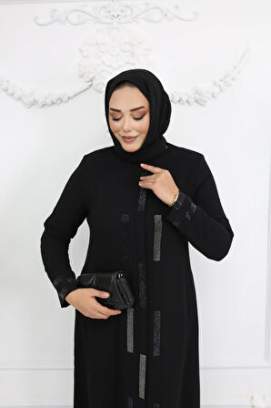 Siyah Taş Işlemeli Fermuarlı Büyük Beden Kadın Ferace - Ahsen Ferace