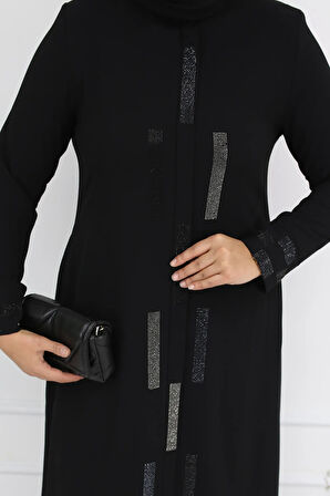 Siyah Taş Işlemeli Fermuarlı Büyük Beden Kadın Ferace - Ahsen Ferace