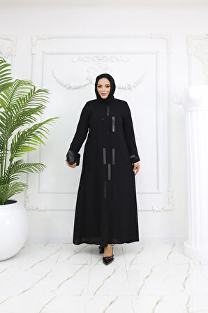 Siyah Taş Işlemeli Fermuarlı Büyük Beden Kadın Ferace - Ahsen Ferace