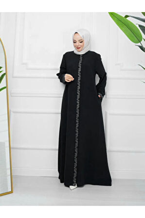 Siyah Boydan Çiçek Nakış Işlemeli Fermuarlı Büyük Beden Ferace Mf-4006