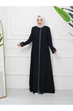 Siyah Boydan Çiçek Nakış Işlemeli Fermuarlı Büyük Beden Ferace Mf-4006