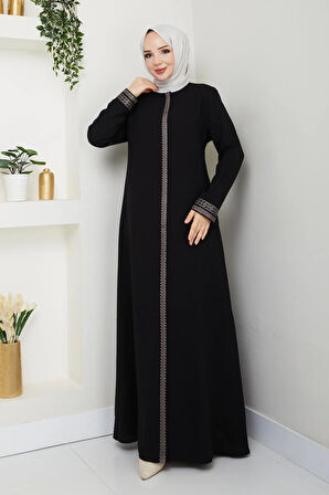 Siyah Boydan Nakış Detaylı Fermuarlı Büyük Beden Ferace Mf-4007