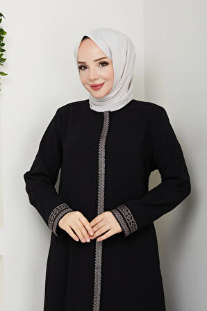 Siyah Boydan Nakış Detaylı Fermuarlı Büyük Beden Ferace Mf-4007