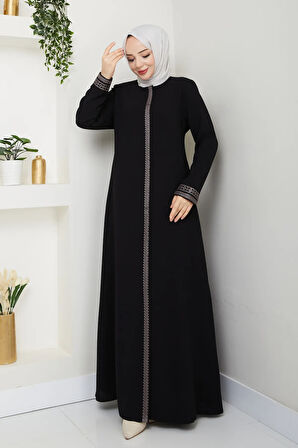Siyah Boydan Nakış Detaylı Fermuarlı Büyük Beden Ferace Mf-4007