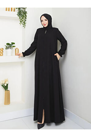 Siyah Fermuarlı Cepli Salaş Medine İpeği Mevlana Ferace MF-6010