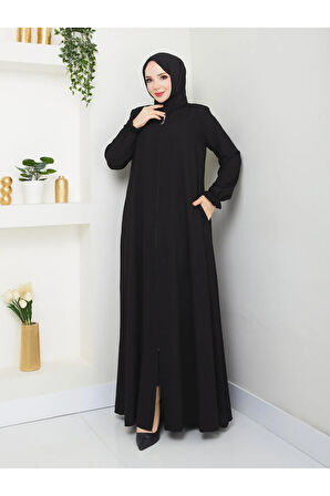 Siyah Fermuarlı Cepli Salaş Medine İpeği Mevlana Ferace MF-6010