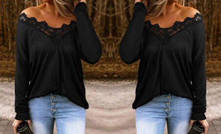 Kadın Uzun Kollu Yaka Güpür Detay Viskon Bluz