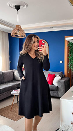 Kadın Uzun Kollu V Yakalı Salaş Midi Iki Iplik Elbise