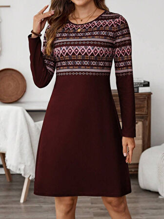 Kadın Uzun Kollu Bisiklet Yaka Etnik Desenli Kısa şardonlu Dalgıç Elbise
