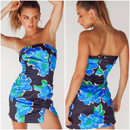 Kadın çiçek Deseni Yırtmaç Detay Fırsat ürün Mini Straplez Elbise