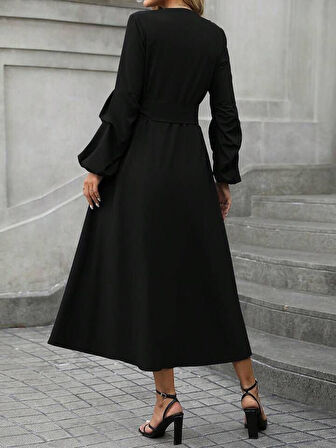 Kadın Uzun Kollu Derin V Yakalı Belden Kuşaklı önden Düğmeli Janjan Krep Elbise