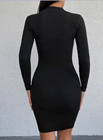 Kadın Uzun Kollu Yarım Balıkçı Yaka Mini Boy Elbise