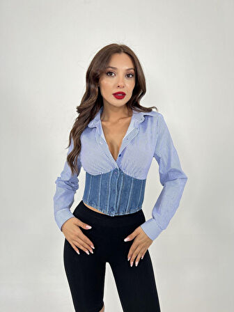 6963 GÖMLEK-MAVİ BEYAZ ÇİZGİLİ