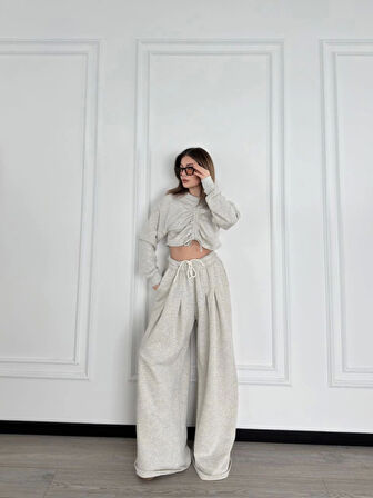 Uzun Kollu Önü İp Büzgülü  Crop Ve Pantolon İkili Takım - Gri