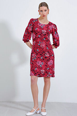 Bordo Gül Desenli Midi Elbise 2477