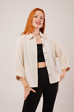 Kol Katlama Detaylı Bej Gömlek