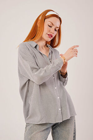 Cep Detay Çizgili Oversize Gri Gömlek