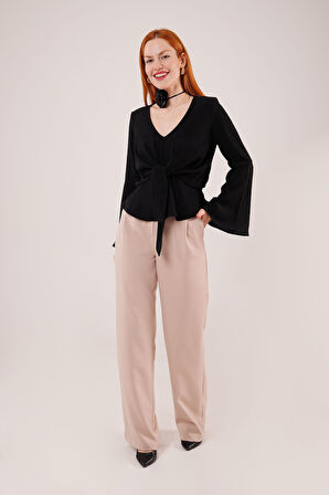 Ön Bağlamalı Volan Kol Siyah Bluz