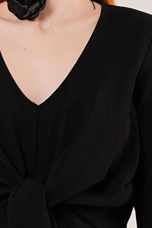 Ön Bağlamalı Volan Kol Siyah Bluz