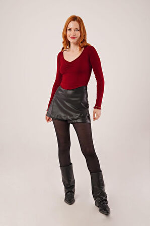 Geniş Yaka Bordo Basic Body Bluz