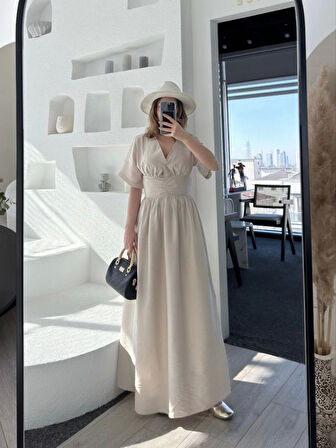 Kısa Kollu Uzun Elbise - Kırık Beyaz