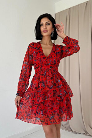 Kırmızı Kat Kat Şifon Elbise