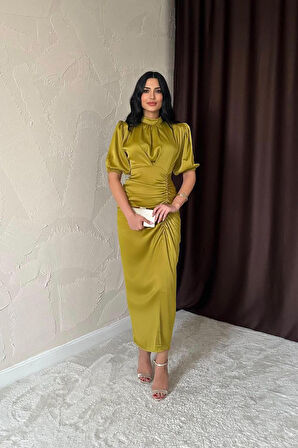 Yağ Yeşili Büzgülü Saten Elbise