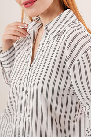 Çift Çizgi Geçişli Düğmeli Gri Gömlek