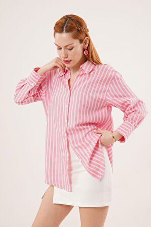 Çift Çizgi Geçişli Düğmeli Pembe Gömlek
