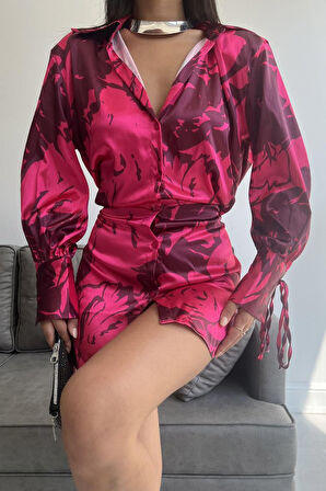 Vatkalı Manşet Detaylı Gömlek Elbise - Fuşya