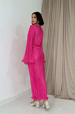 Fuşya İspanyol Kol Piliseli Elbise