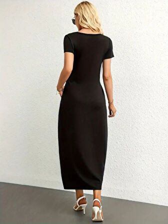 Kadın Kısa Kollu Yakası Yuvarlak Cepli Viskon Elbise