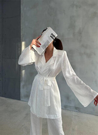 VİSKON JAKARLI BAĞLAMALI GÖMLEK - PANTOLON TAKIM - Beyaz