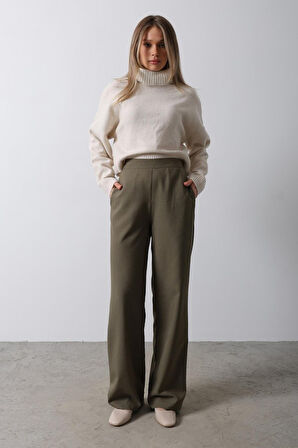 Beli Yarım Lastikli Palazzo Pantolon - Haki