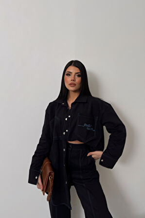 DENİM PUNTOLU GÖMLEK-PANTOLON TAKIM - Mavi