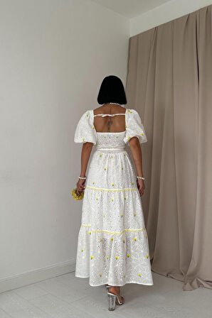 Sarı Dantel Detaylı Brode Elbise