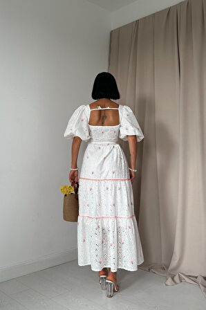 Pudra Dantel Detaylı Brode Elbise