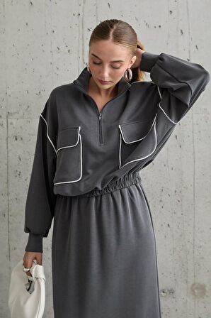 Füme Biyeli Sweatshirt Ve Etek Takım