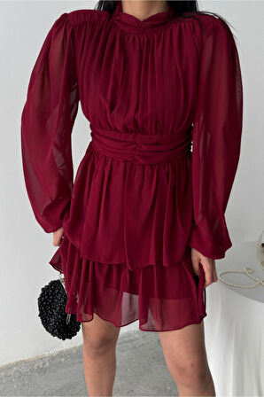 ŞİFON KATLI UZUN KOL ELBİSE - Bordo