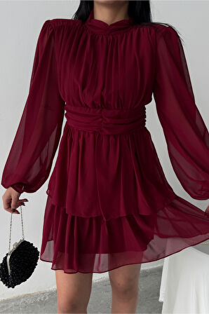 ŞİFON KATLI UZUN KOL ELBİSE - Bordo