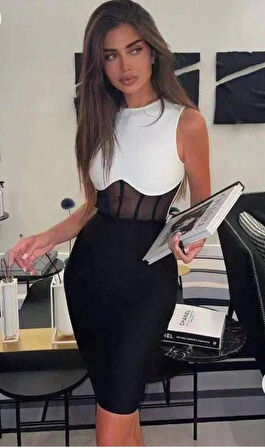 Kadın Bisiklet Yaka Kolsuz çift Renk Ve Bel Transparan Korse Detay Midi Boy Elbise