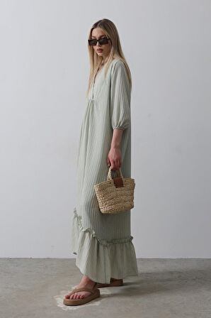 Çizgili Oversize V Yaka Elbise - Haki