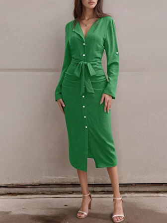 Kadın Uzun Kollu önden Düğmeli Beli Kuşaklı Aerobin Midi Elbise