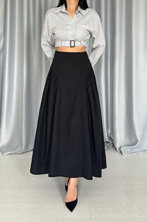 Siyah Yanları Büzgülü Uzun Etek