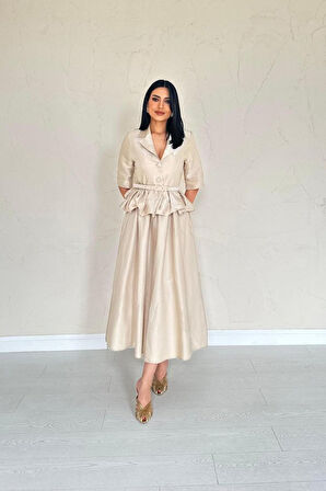Bej İnce Kemerli Fırfırlı Ceket Ve Büzgülü Etek Takım